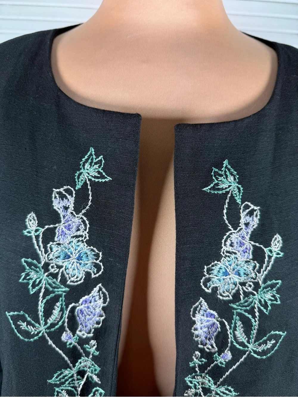 David N Black Linen Blend Embroidered Duster Jacket Size 12 Floral Open Front